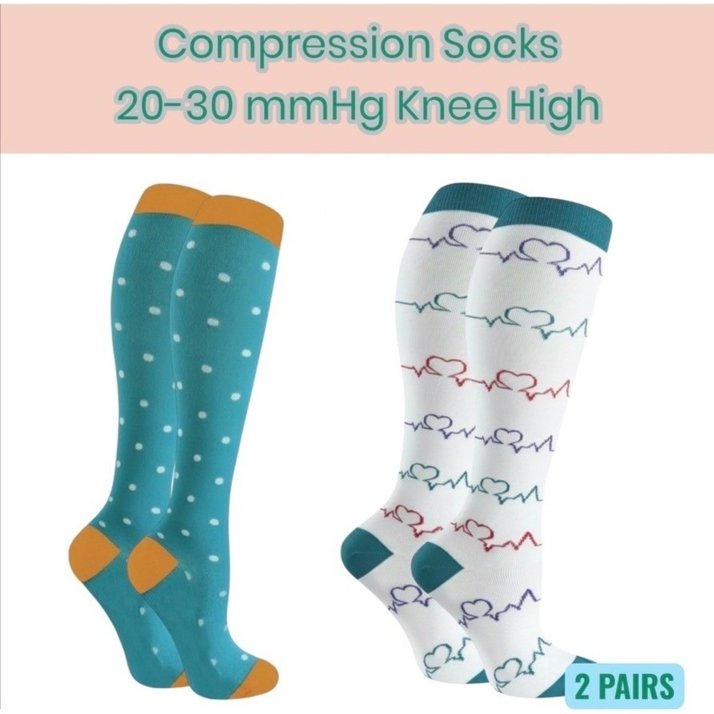 Unisex‎ 20-30 mmHg Compression Socks S/M Knee High Medical Whimsical 2 Pack NEW